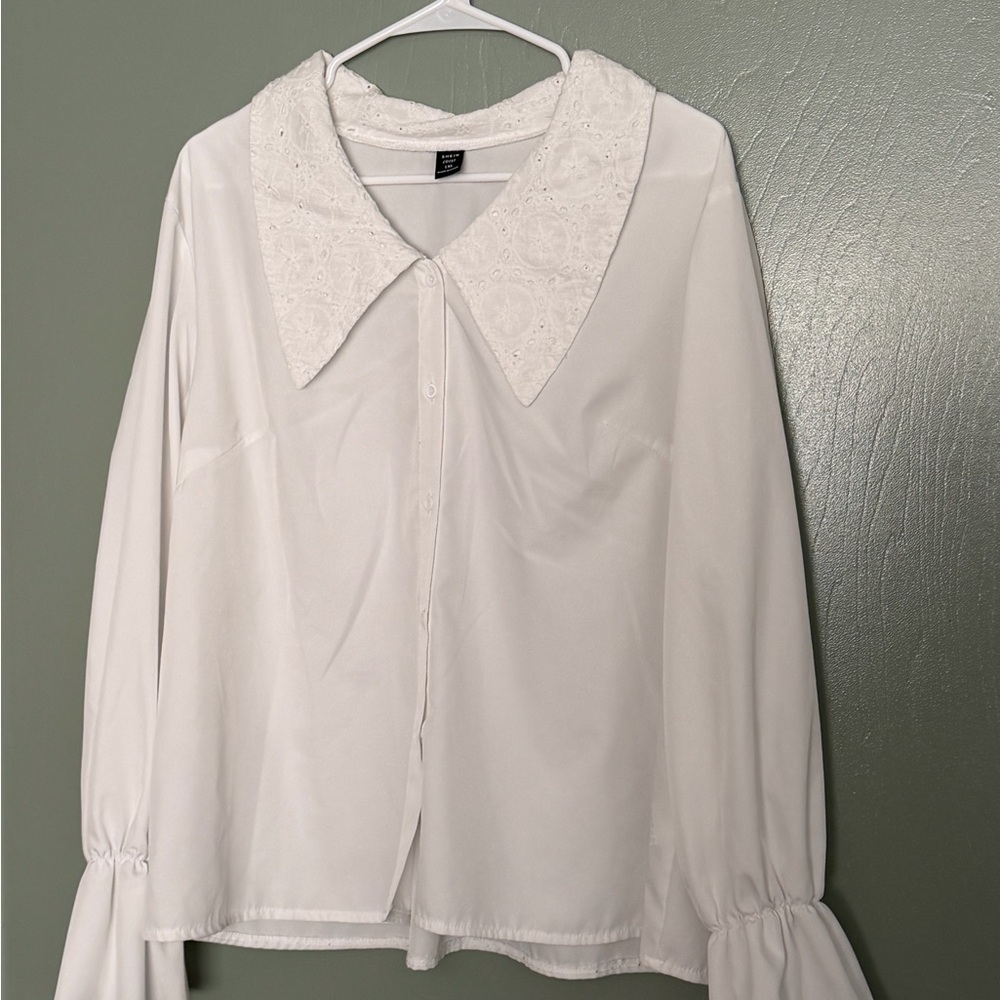 SHEIN White Button Down Shirt with Embroidered Collar